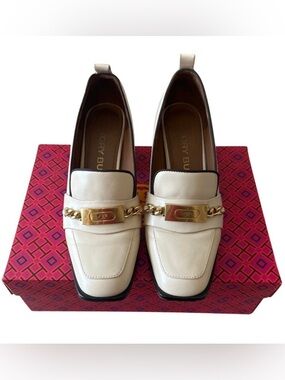 Tory Burch Perrine Heeled Loafers‎ Cream Chain Block Heel 7.5